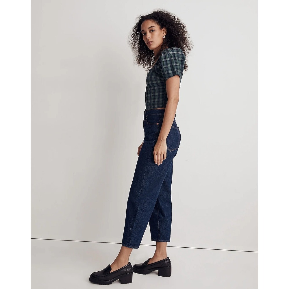 NWT Madewell Hopewell Puff-Sleeve Crop Top Women Size‎ L Green Blue Plaid Blouse